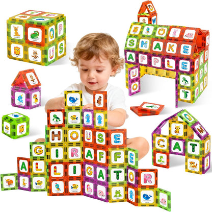 Magnetic Tiles Letters Learning Toys, Animals Alphabet ABC Magnets for Kids 1-3 2-4 3-5, Toddlers Classroom Must Haves Construction Stacking Toys, Teacher Educational Supplies for Preschool Spelling
