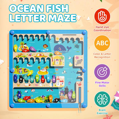Magnetic Alphabet Maze Letter Puzzle Board, Montessori Toys Alphabet Puzzle for 2 3 4 5 Years Old, Fine Motor Skills Toys Magnet Fishing Game for Kids 3-5, Birthday Gift for Girls Boys