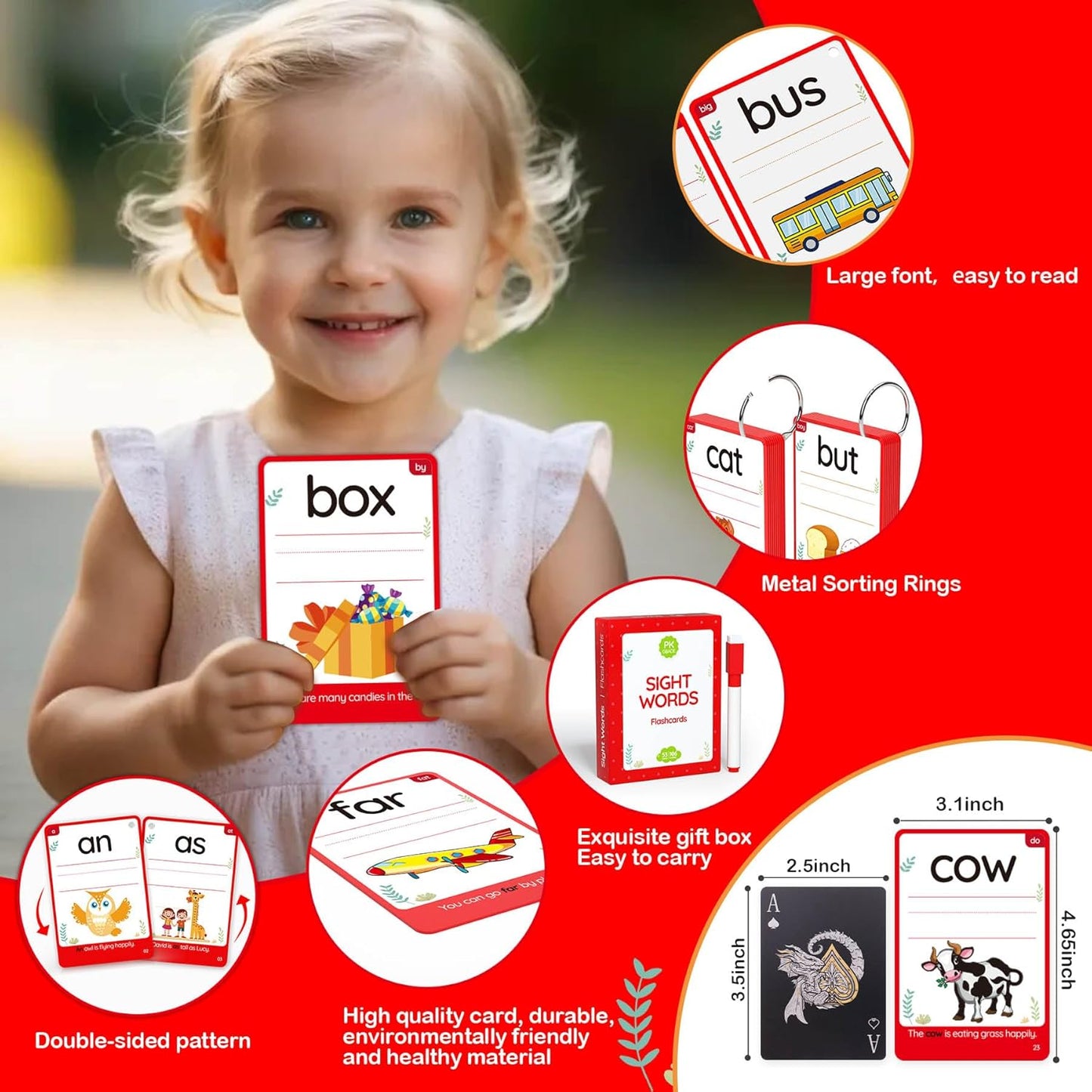 WJPC 55 Cards, 106PCS High Frequency First-Grade Sight Words Flash Cards, 1st Grade Phonics Learning Cards for 5,6,7,8 Years Ages Kids Boys, Girls Learn to Read, Write, Association, Sentence Making