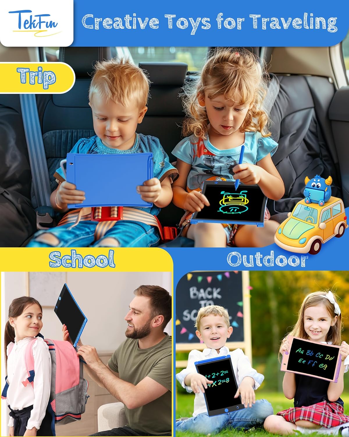 TEKFUN Kids Toys, 2Pcs LCD Writing Tablet with 4 Stylus, 8.5in Erasable Doodle Board Mess Free Drawing Pad for Kids, Car Trip Educational Toys Birthday for 3 4 5 6 7 Girls Boys