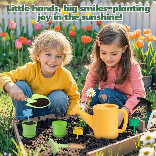JOI MEW Kids Gardening Tools Set, Garden Toys w/Wooden Handle Alloy Rake,Fork,Trowel, Watering Can,Gloves,Tote Bag,Plant pots, DIY Bookmark Kits, Spring Summer Toy Outdoor Gift for Toddler Boy Girl