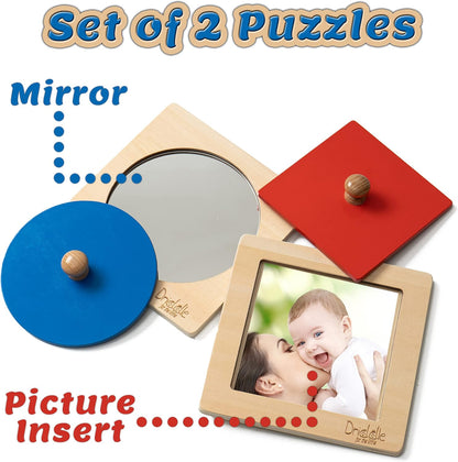 Driddle Montessori Toys - Wooden Knob Shape Puzzles - Mirror & Photo Insert - Learn Colors & Shapes Interactive Baby & Toddler Toys
