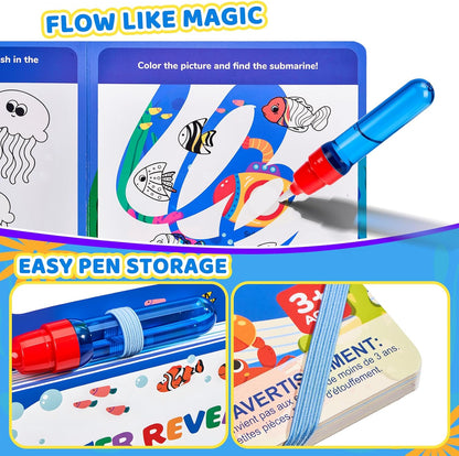 JoyCat Ocean Water Coloring Book for Toddlers 3-5, Reusable No-Mess Water Painting Book with Water Pen, 13 Activity Pages, Travel Toy Gift for Boys & Girls