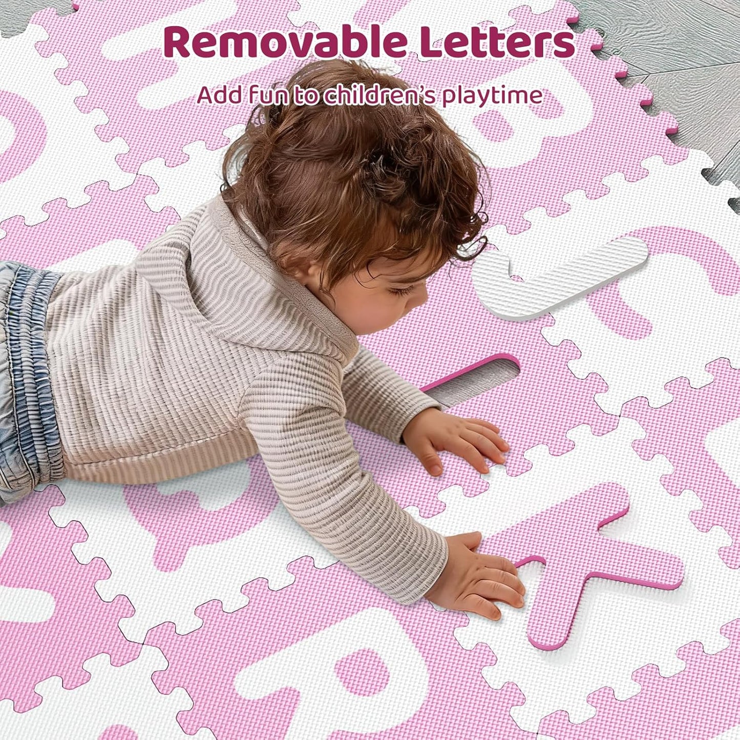 HONEY JOY Foam Floor Tiles for Kids, 12.5” x 12.5” EVA 26-Piece Interlocking Alphabet Puzzle Play Mat, Non-Slip Large Soft Carpet Rug, Easy to Clean, for Baby Crawling Exercise, Playroom (Pink)