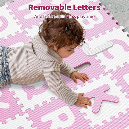 HONEY JOY Foam Floor Tiles for Kids, 12.5” x 12.5” EVA 26-Piece Interlocking Alphabet Puzzle Play Mat, Non-Slip Large Soft Carpet Rug, Easy to Clean, for Baby Crawling Exercise, Playroom (Pink)
