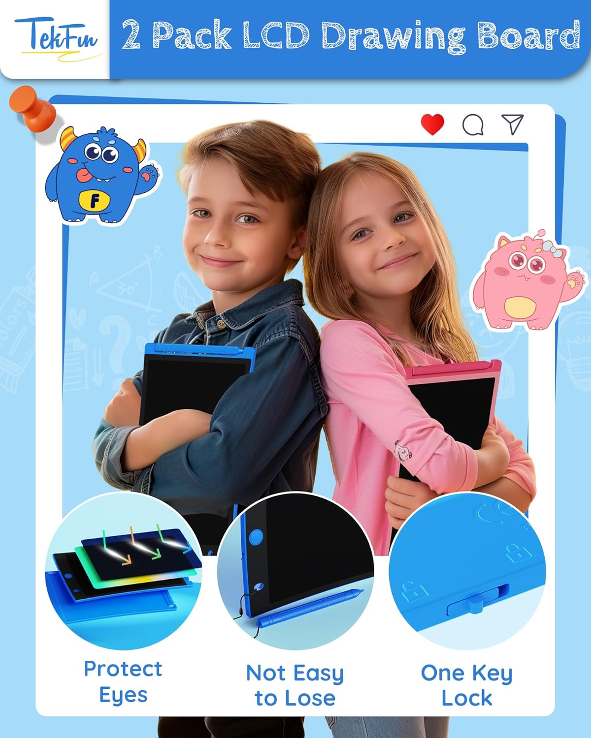 TEKFUN Kids Toys, 2Pcs LCD Writing Tablet with 4 Stylus, 8.5in Erasable Doodle Board Mess Free Drawing Pad for Kids, Car Trip Educational Toys Birthday for 3 4 5 6 7 Girls Boys