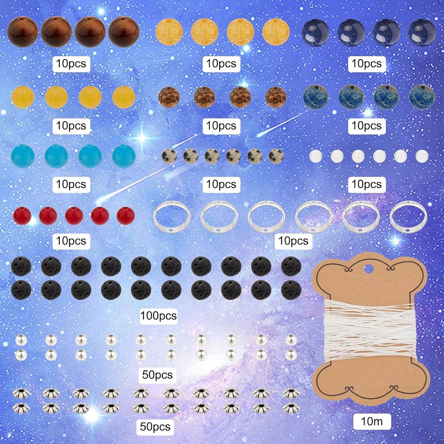 SUNNYCLUE 1 Box 300+Pcs DIY 10 Sets Solar System Bracelets Kit Universe Galaxy The Nine Guardian Planets Bracelet Necklace Tiger Eye Bead Natural Gemstone Beads for Jewelry Making Kits Craft