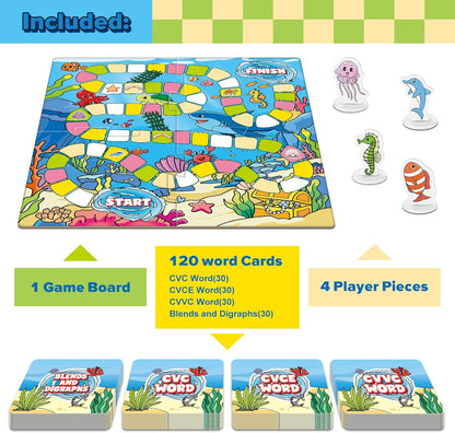 Broytain Word Ocean Phonics Board Game for Kids, Educational Learning Board Game for Boys and Girls, Reading and Spelling Game Ages 4-6, Classroom Travel Indoor Outdoor Family Game