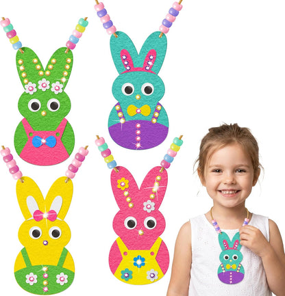 BeYumi Bunny Necklace Craft Kit - 24Pcs Bunny Peeps Felt Necklace Making Kits with Beads and Gem Sticker DIY Cute Rabbit Craft for Kids Sunday School Home Classroom Gift Party Favor Fun Activities