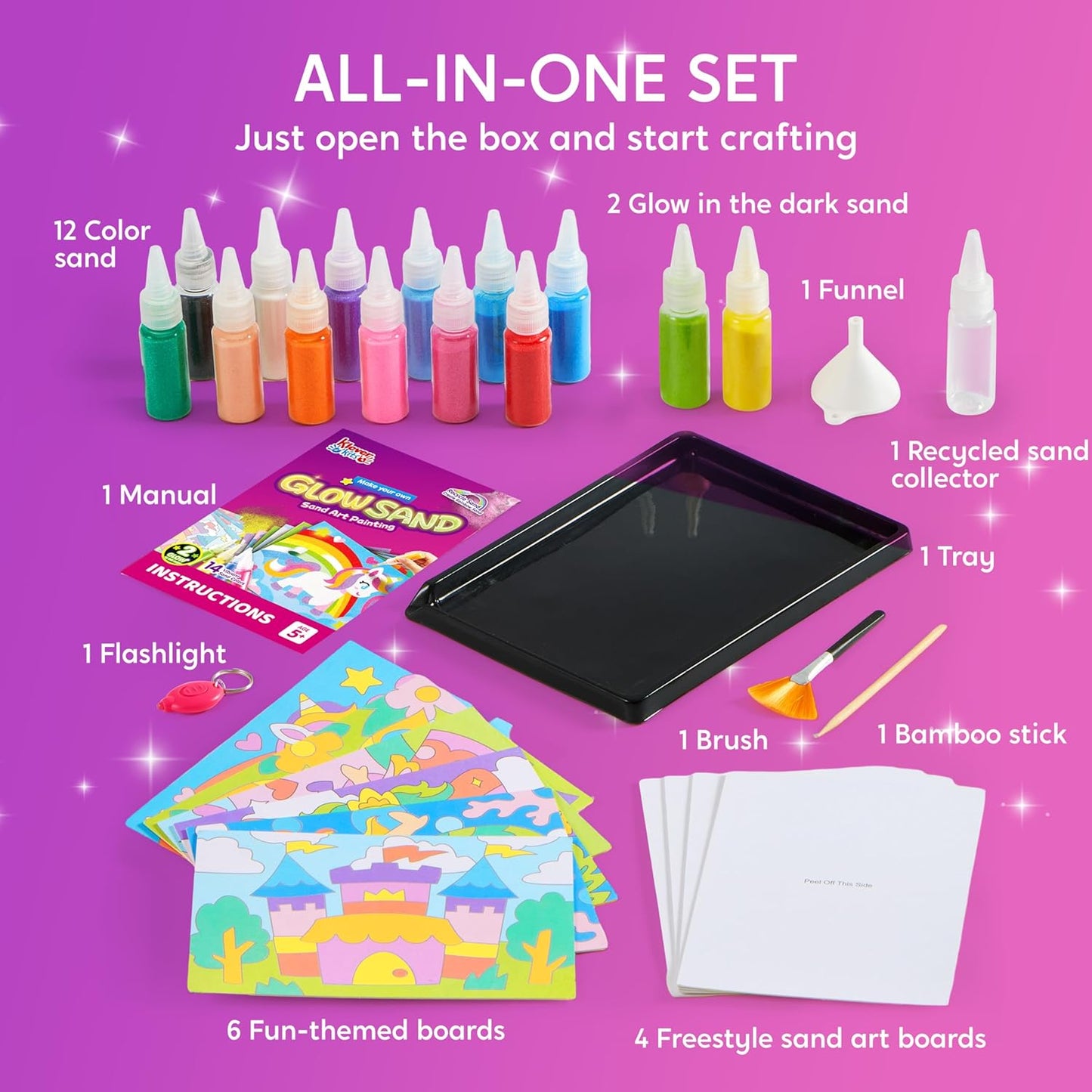 JOVA Klever Kits Glow Sand Art Kits for Kids, Glow in The Dark Sand Painting with 14 Colors, Kids Crafts, 6 Fantasy Templates & 4 DIY Sheets, Mess Free Arts and Crafts, Gifts for Girls Ages 5+