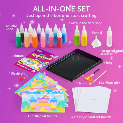 JOVA Klever Kits Glow Sand Art Kits for Kids, Glow in The Dark Sand Painting with 14 Colors, Kids Crafts, 6 Fantasy Templates & 4 DIY Sheets, Mess Free Arts and Crafts, Gifts for Girls Ages 5+