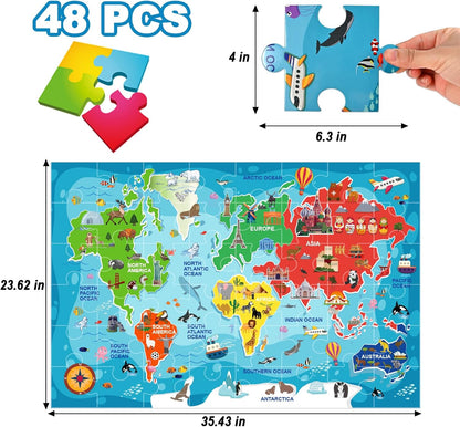 World Map Puzzle for Kids, Floor Puzzles for Kids Ages 4-8, 48 Pcs World Puzzle, Geography Preschool Learning Toys Gifts for Boys and Girls