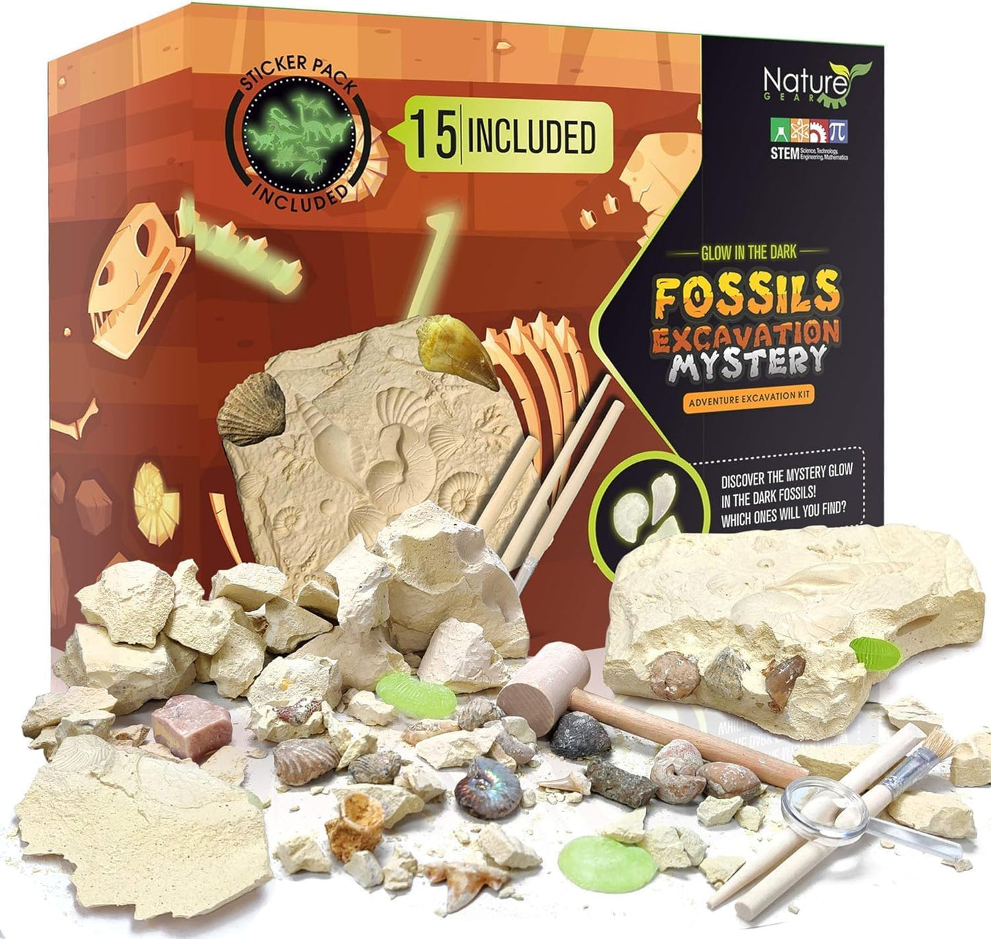 Nature Gear Gemstone Dig Kit for Kids, Educational Crystal Excavation Kit with 15 Mystery Gems, Interactive Adventure Fossil Mining Toy for Kids Age 3-5 and Up