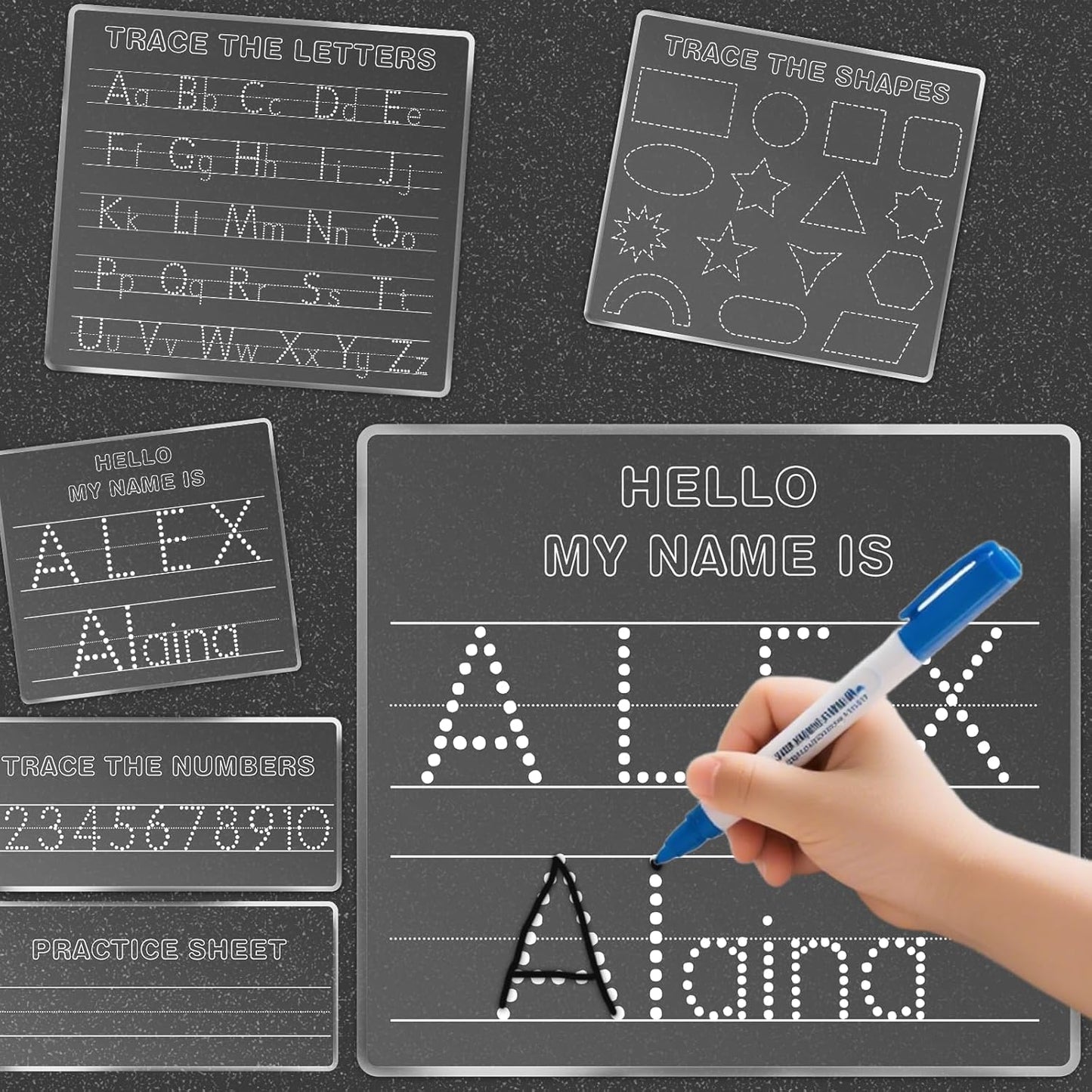 Personalized Name Practice Trace Board Custom Name Tracing Dry Erase Board Customized Rewritable Acrylic Alphabet and Number Handwriting Sign for Boys Girls School 5 * 7 inch