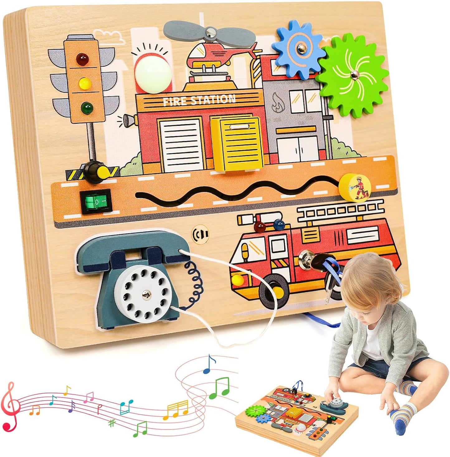 Wdmiya Montessori Busy Board for Toddlers 2-4, Fire Truck Activity Board with LED Lights & Sounds, Wooden Sensory Learning Toy with Rotary Phone, Helicopter & Gears, for 2 3 4 Year Old Boys Girls Gift