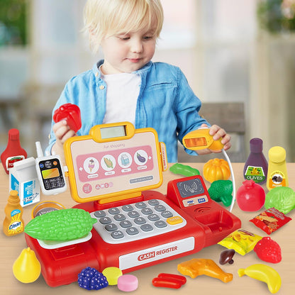 Yalujumb Kids Shopping Cart Trolley Play Set and Pretend Play Calculator Cash Register Toy with Pretend Food and Accessories,Perfect for Ages 3+ Pretend Play and Role-Playing Games