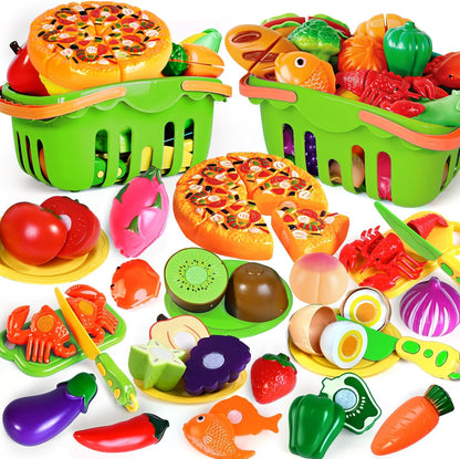 100 Pcs Play Food Set for Kids Kitchen, Pretend Food Toy for Toddlers Age 1-3, Plastics Cutting Fake Food/ Fruit/ Vegetable Accessories with 2 Baskets, Birthday Gifts for 2 3 4 5 Years Old Boys Girls