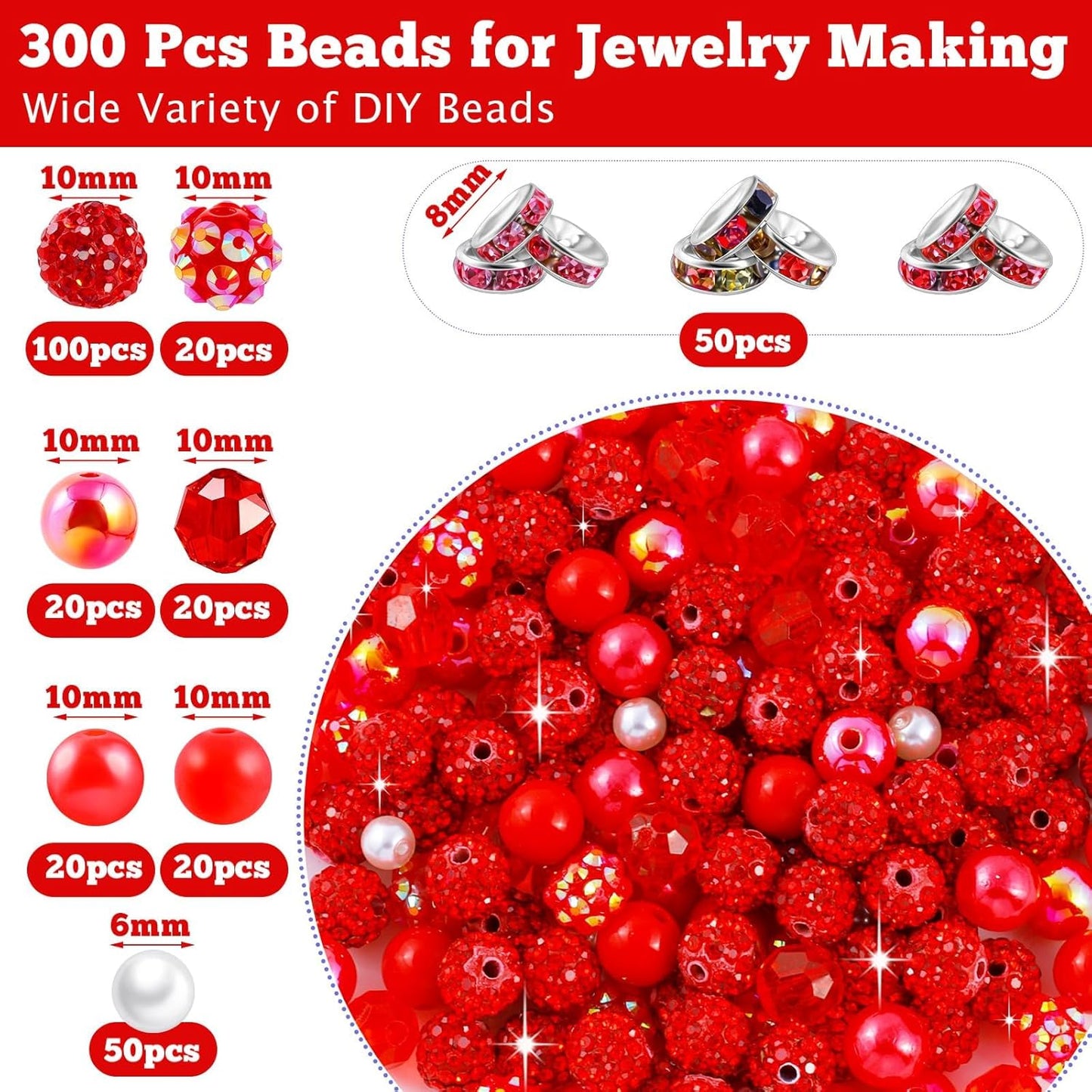 300 Pcs Diamonds Beads for Jewelry Making, Included 10 mm Red Rhinestone Beads for Bracelets, Bubblegum Bead for Pen Making, Pearl and Spacer Bead for Bracelet Necklace Earring Crafting