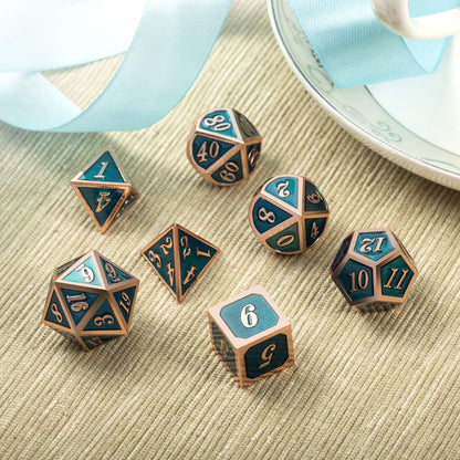 DnDnD Heavy Polyhedral Metal Dice Set with Metal Box, 7-die Shiny Blue Surface with Golden Number for RPG,Dungeons and Dragons,Pathfinder,Shadowrun,D&D,Role Palying Game and Math Teaching - Colors B