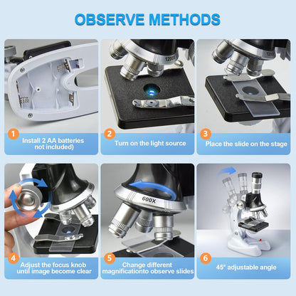 115 Pcs Microscope Science Kit for Kids with 100X-1200X Magnification,Equiped with Prepared and DIY Blank Slides Microscope for Beginner Boys Girls