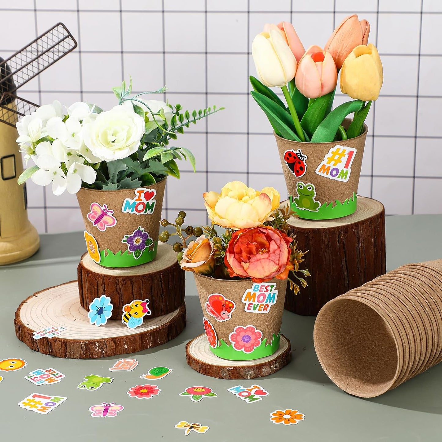 Resurhang 80 Pack Mothers Day Crafts Bulk Spring Crafts Garden Paper Pot Kits with Sticker DIY Your Own Flower Pot Planting Growing Kit for Home Art Gift