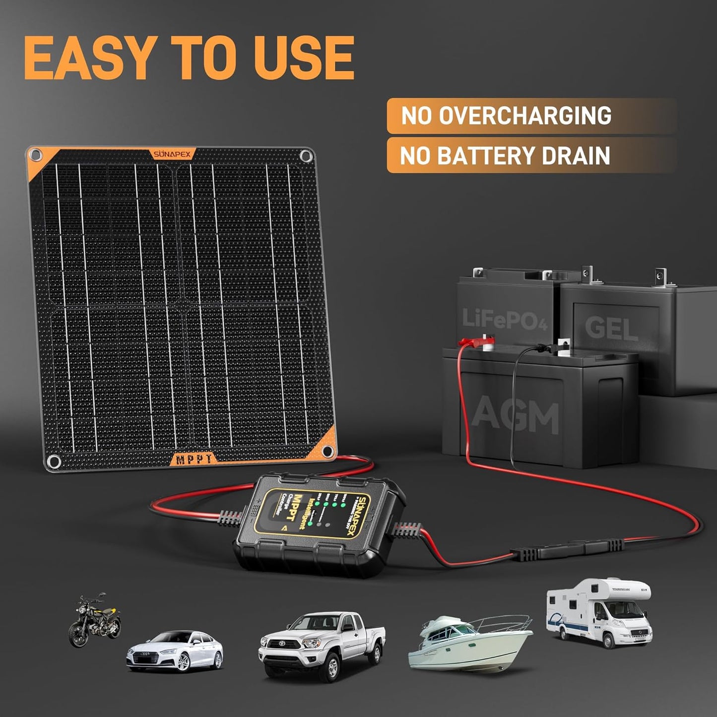 SUNAPEX 12V 10 Watt Solar Trickle Charger Maintainer - Waterproof Solar Powered Battery Charger - Solar Panel Kit Built-in Smart Charge Controller for Car Rv Trailer Truck Boat Automotive Marine