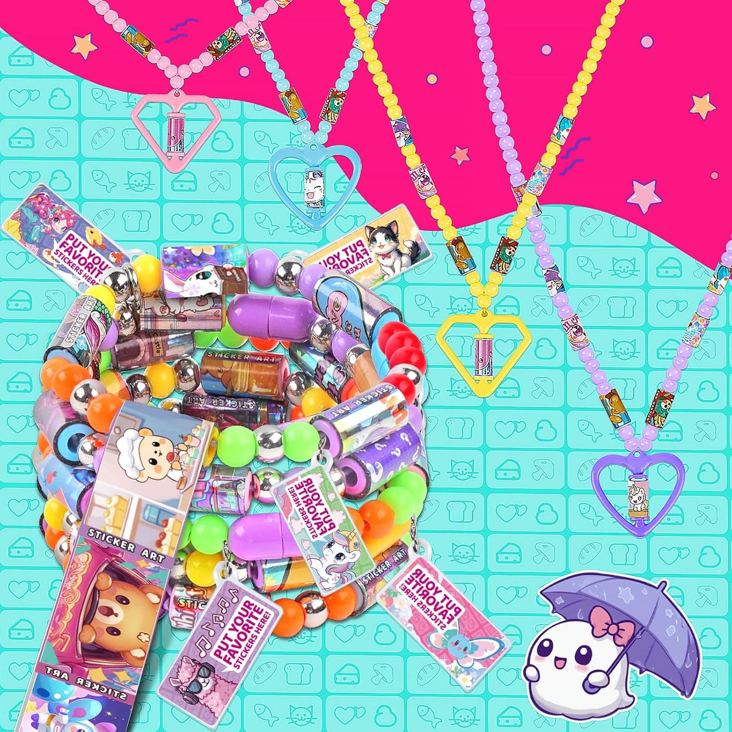 Plunack DIY Sticker Jewelry Making Kits Bracelets for Kids, Stickers Set, Includes Beads & Charms & Pendants, 320Pcs Mini Holographic Stickers, Bracelet Making Kit for Girls 6-12 Birthday Gift