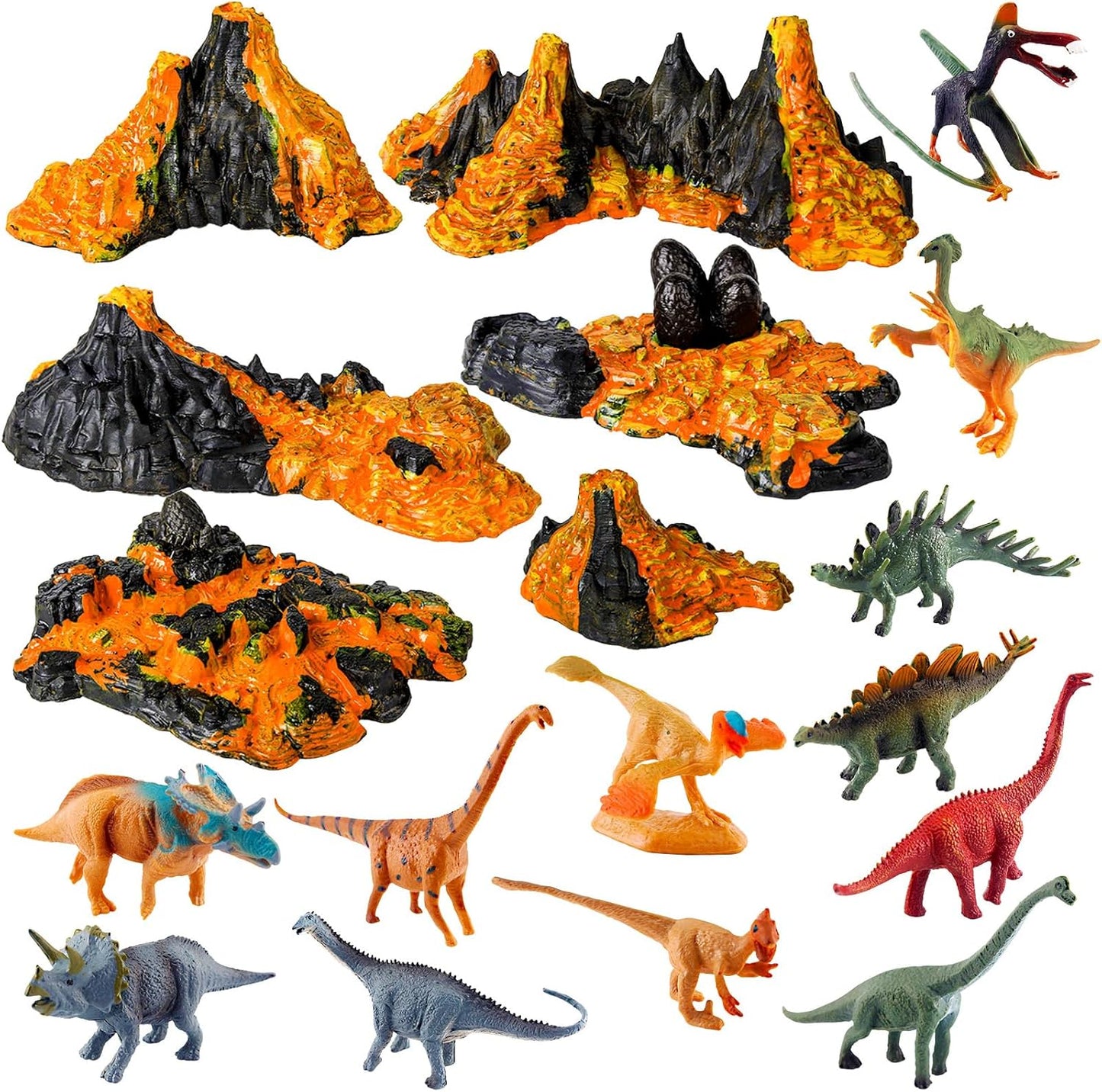Aydinids 6 Pcs Mini Volcano Model with 12 Pcs Mini Dinosaur Figurines Plastic Dinosaurs Figurines Artificial Volcano Set for Dinosaur Cake Topper Birthday Gifts Party Supplies