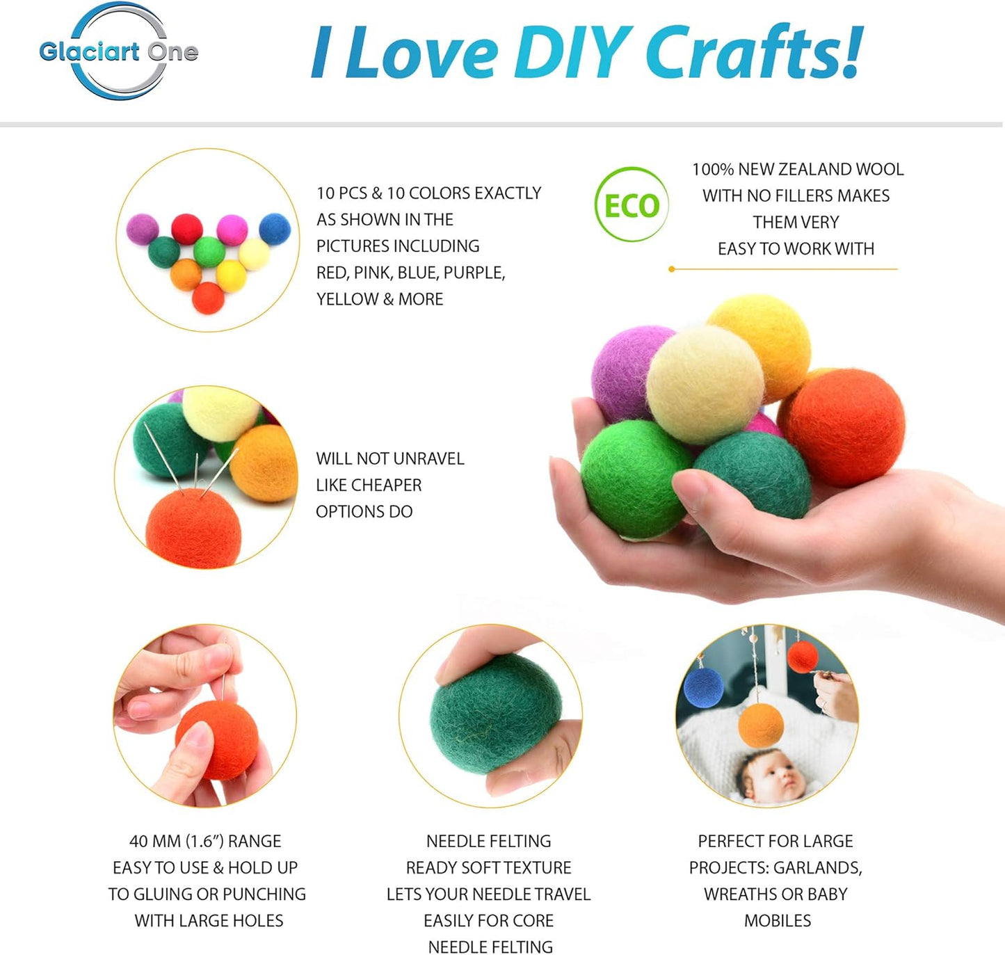 Glaciart One Felt Balls, Felt Pom Poms (5 Pieces) 4 Centimeters - 1.6 Inch, Handmade Felted 5 Vibrant Colors Wool Balls for Cats, Felting and Garland