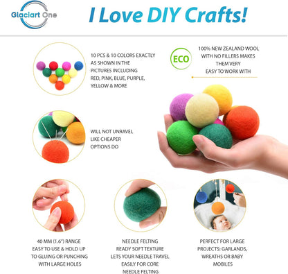 Glaciart One Felt Balls, Felt Pom Poms (5 Pieces) 4 Centimeters - 1.6 Inch, Handmade Felted 5 Vibrant Colors Wool Balls for Cats, Felting and Garland