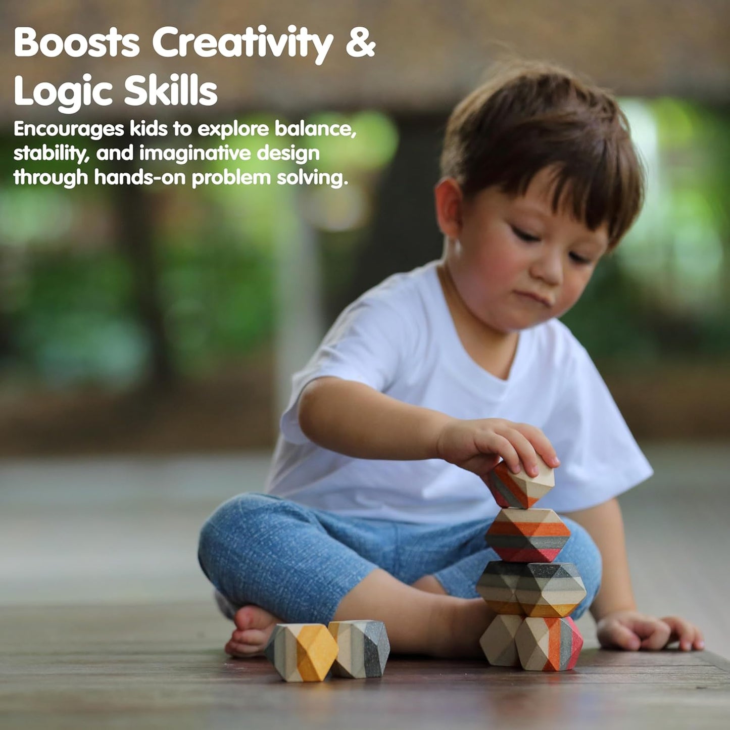 PlanToys® Geo Stacking Rock Wooden Montessori Balancing and Fine Motor Toy | Creative Thinking, Coordination and Early Problem Solving Activity | Eco Friendly Educational Open Ended Play Set
