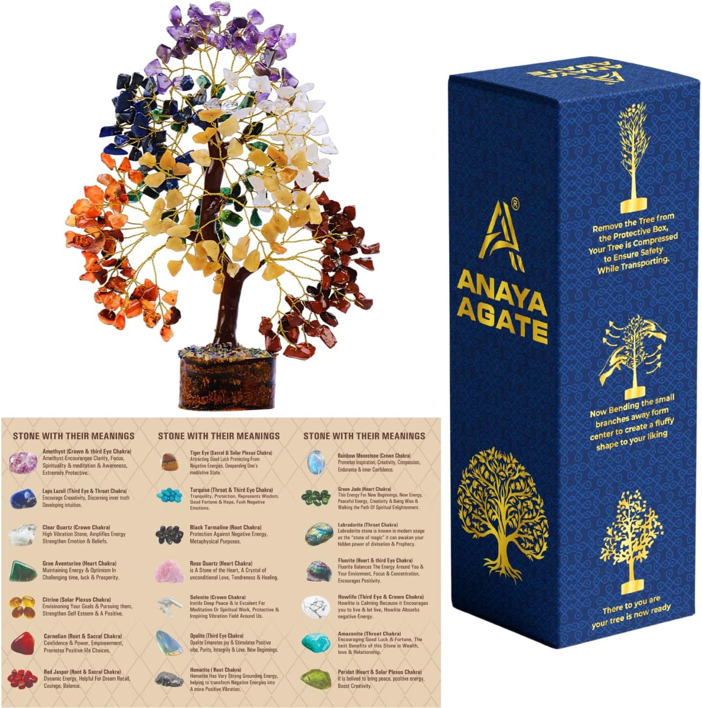 ANAYA AGATE 7 Chakra Healing Crystal Tree of Life Kit, Bracelet, Pendant, Necklace, Feng Shui Money Bonsai Tree, Positive Energy for Women, Mom, Sister and Housewarming Decoration