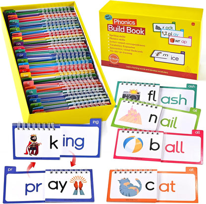 36 Double-Sided Phonics Flash Cards, Word Family Build Book with 72 Word Families, Read and Rhyme Flip Books, Sight Words Flash Cards, Learn to Read Educational Toy for Preschool & Kindergarten