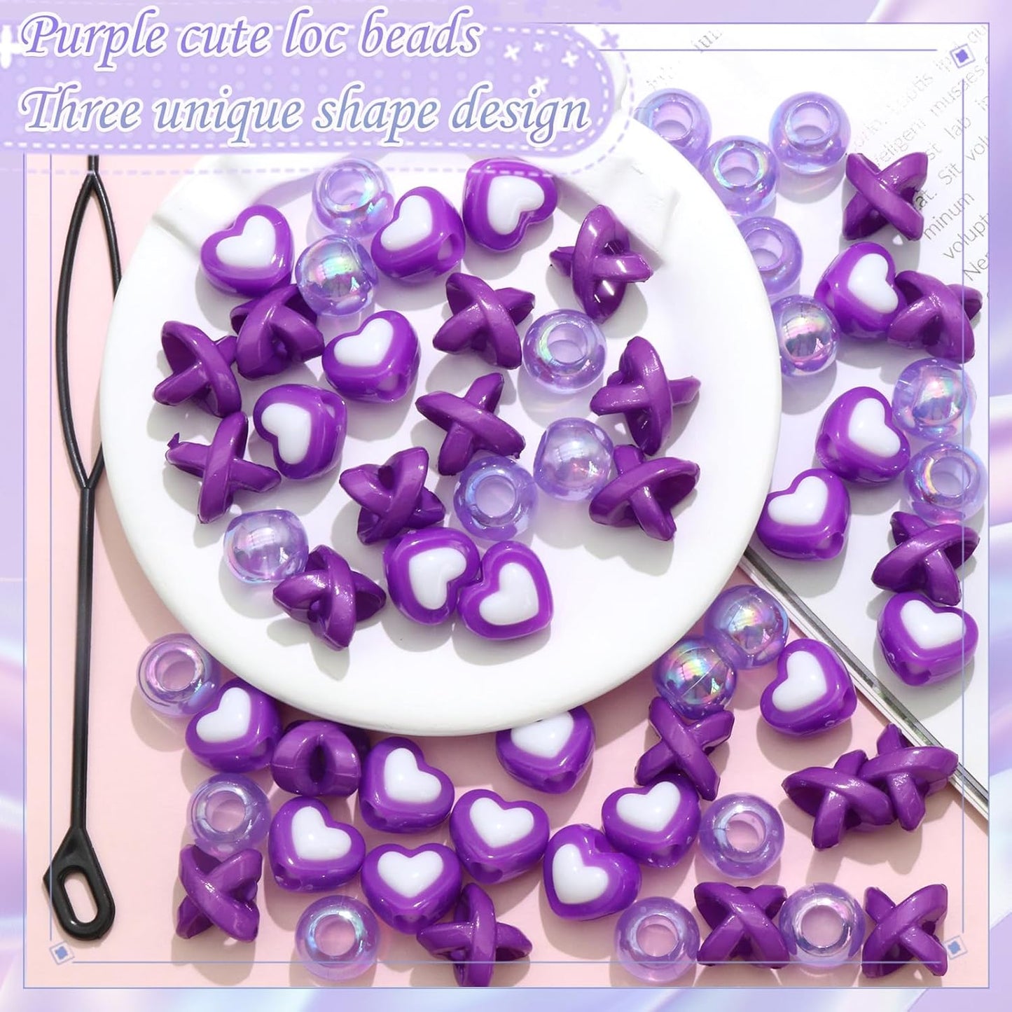 60PCS Pink White Hair Beads for Braids Three Styles Cute Loc Beads Heart Shape Bead for Kids Dreadlock AB Color Round Pony Bead Accessories