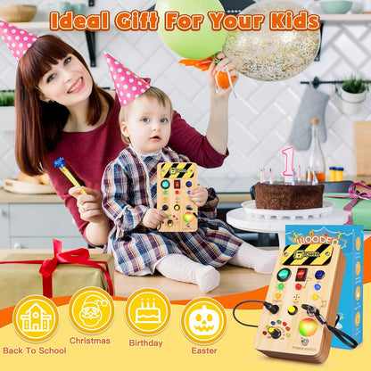 TINTECUSA Busy Board Montessori Toys for Toddler, Wooden Sensory Board Switch Toy with Shape Sorter LED Light Up Toys Educational Plane Travel Activity for Girls & Boys