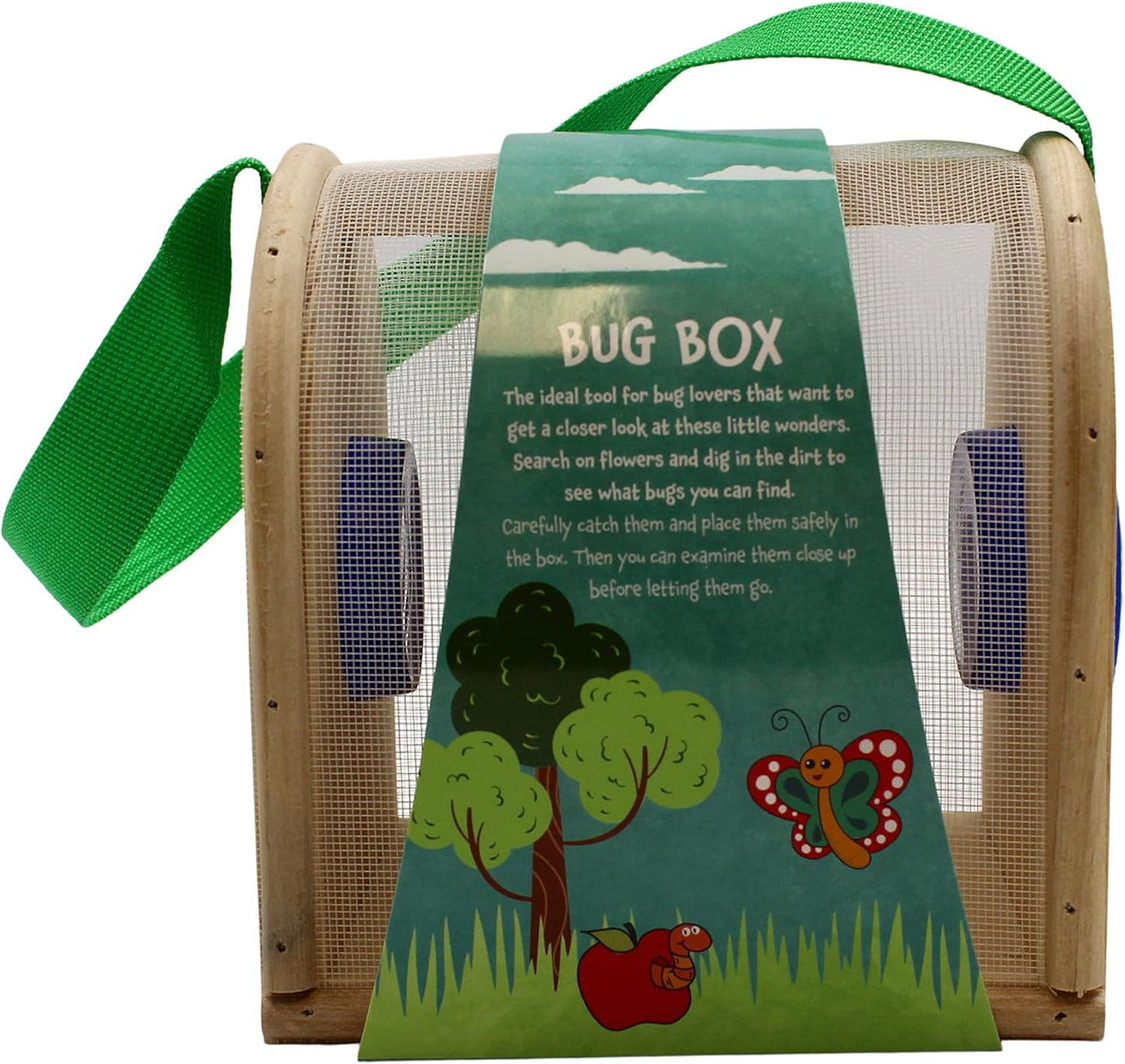 Wooden Bug Box for Kids, Dual Chamber Insect Habitat with Nylon Carrying Strap