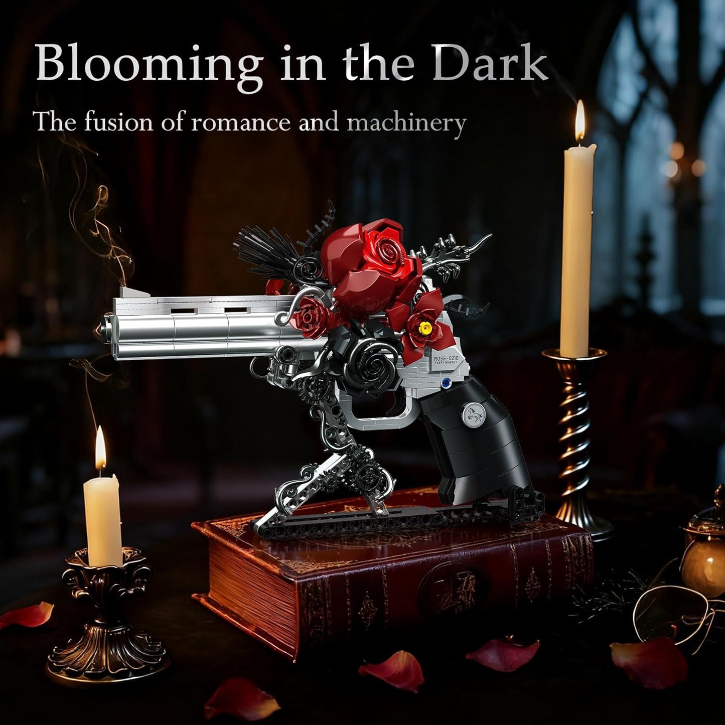 Gothic Rose Revolver Building Kit - Dark Romantic Fusion of Blood-Red Roses, Twisted Thorns & Industrial Gears, Movable Barrel, Cylinder & Trigger, Gifts Collection for Gothic Art Devotees