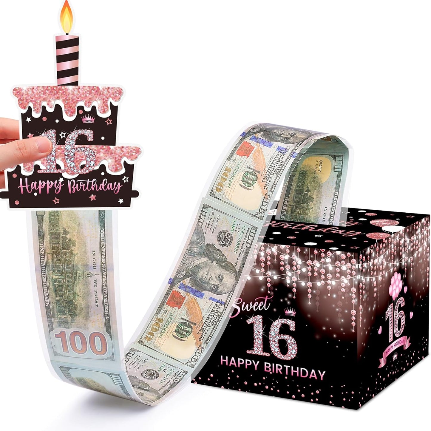 Birthday Money Box for Cash Gift Pull, Surprise Gift Boxes for Money, Money Holder Box with Pull Out Happy Birthday Card and 50Pcs Transparent Bags, Money Gift Ideas for Kids and Adults