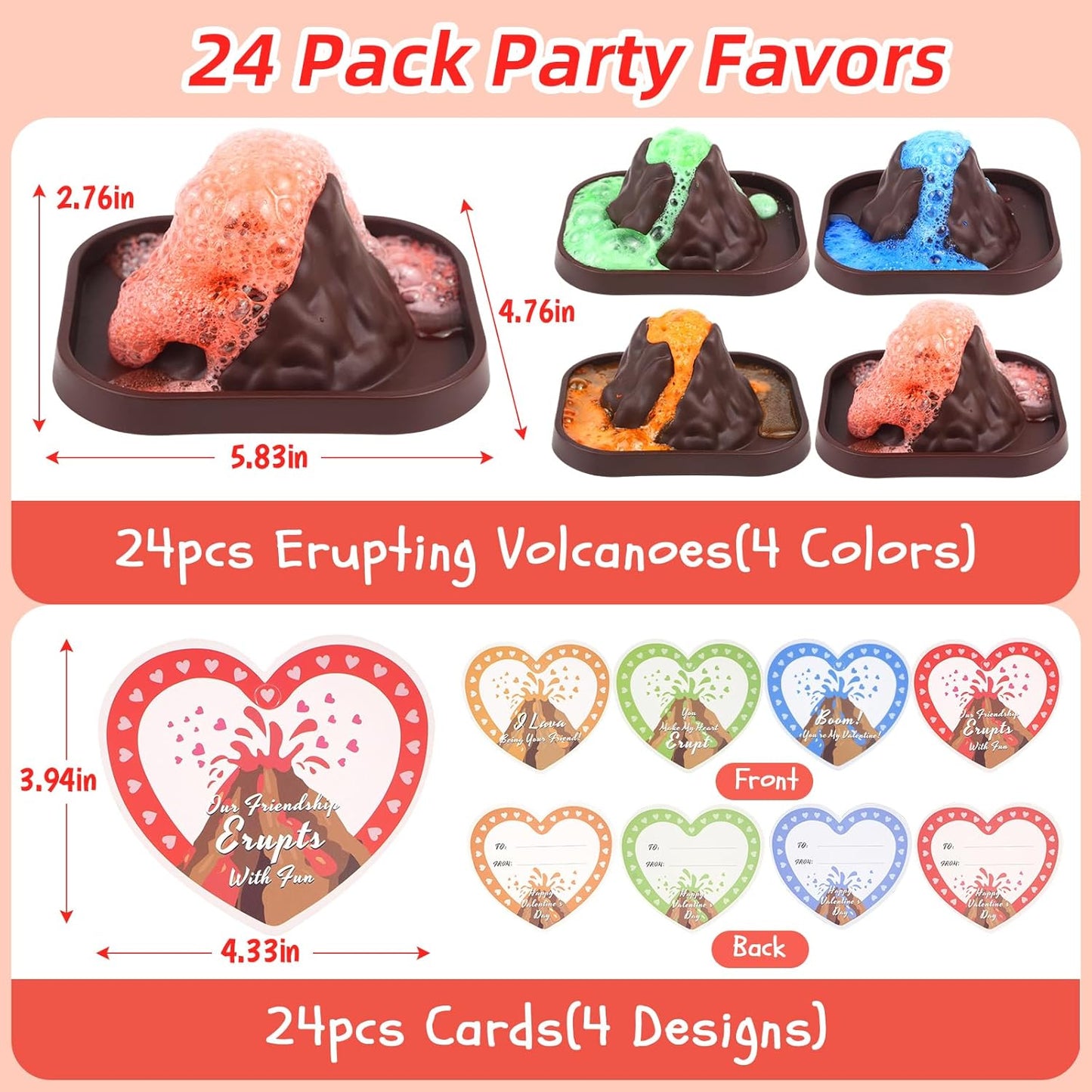 Valentines Day Gifts for Kids Classroom: 24 Pack Erupting Volcano Science Kit with Cards, 4 Lava Colors, STEM Educational Toys for Boys Girls Classroom Exchange Gifts Prizes School Party Favors