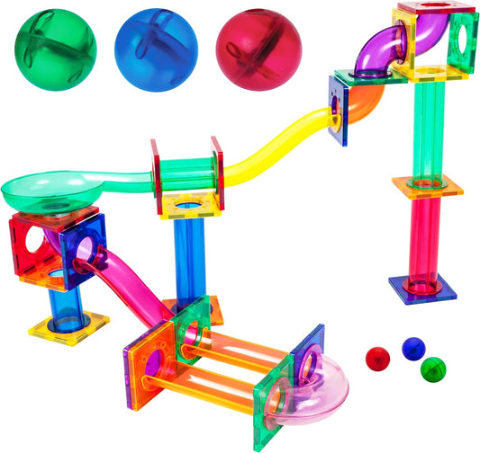 PicassoTiles 50PC Marble Run Race Track + 4PC LED Light-Up Glow in The Dark Translucent Balls: STEAM Educational Playset for Kids - Fun Learning Construction Toy, Creative Design, Sensory Development