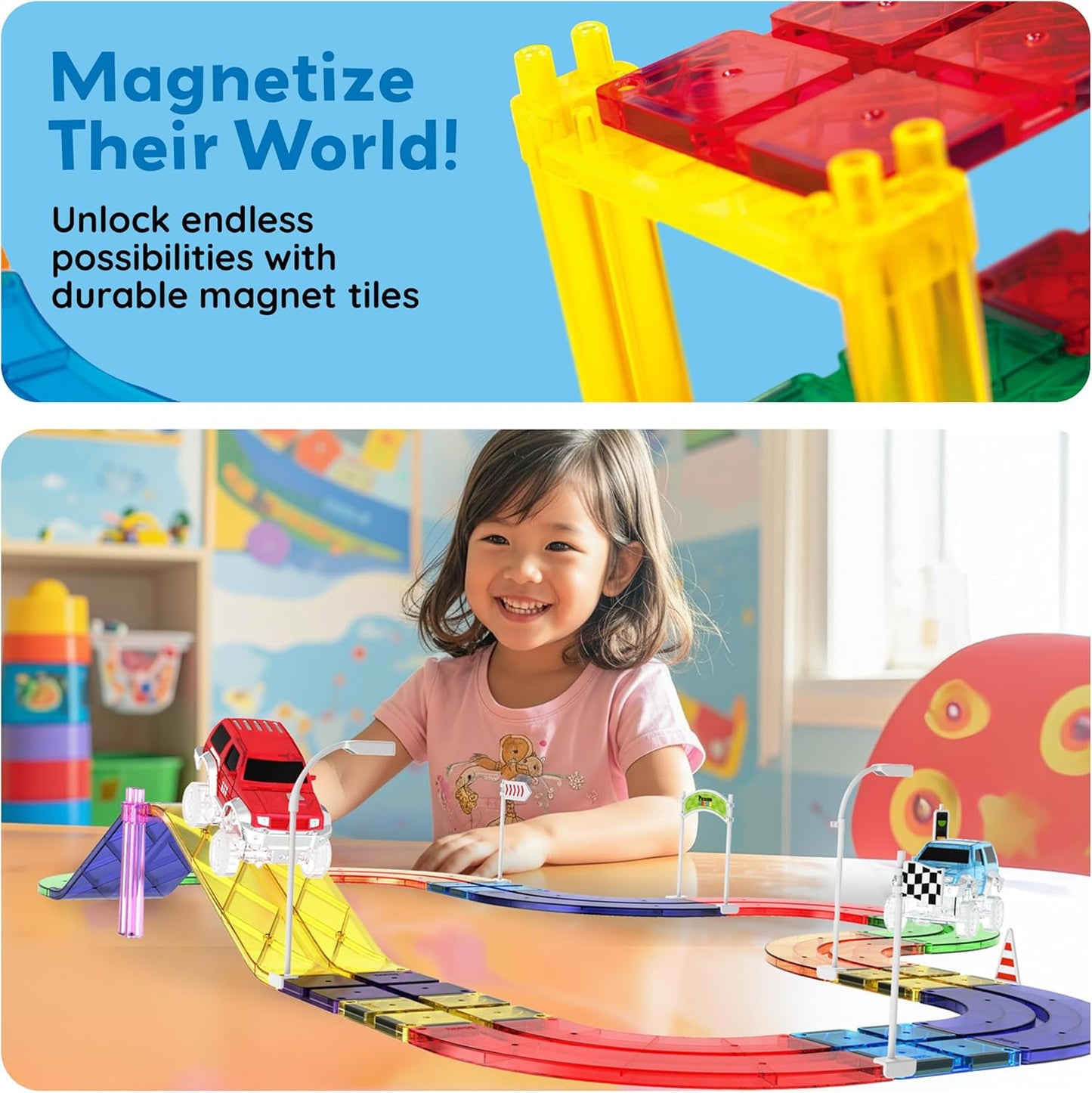 PicassoTiles 121pc Magnetic Tile Race Track Marble Run Magnet Tiles 3-in-1 Playset Car Racing Construction Set STEM Learning Early Education Building Toy Cars for School Toddlers Boys Girls Ages 3+
