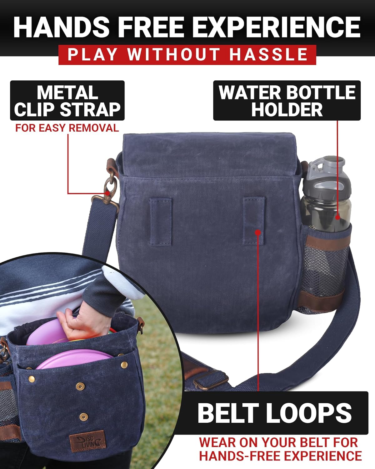 Disc Golf Bag | Frisbee Golf Bag | Easy to Carry | Lightweight Fits Up to 10 Discs | 16 oz Waxed Canvas Sturdy Design | Belt Loop | Double Button Design | Bottle Holder