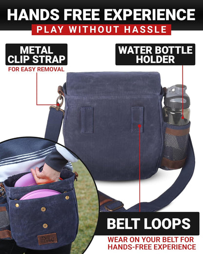 Disc Golf Bag | Frisbee Golf Bag | Easy to Carry | Lightweight Fits Up to 10 Discs | 16 oz Waxed Canvas Sturdy Design | Belt Loop | Double Button Design | Bottle Holder