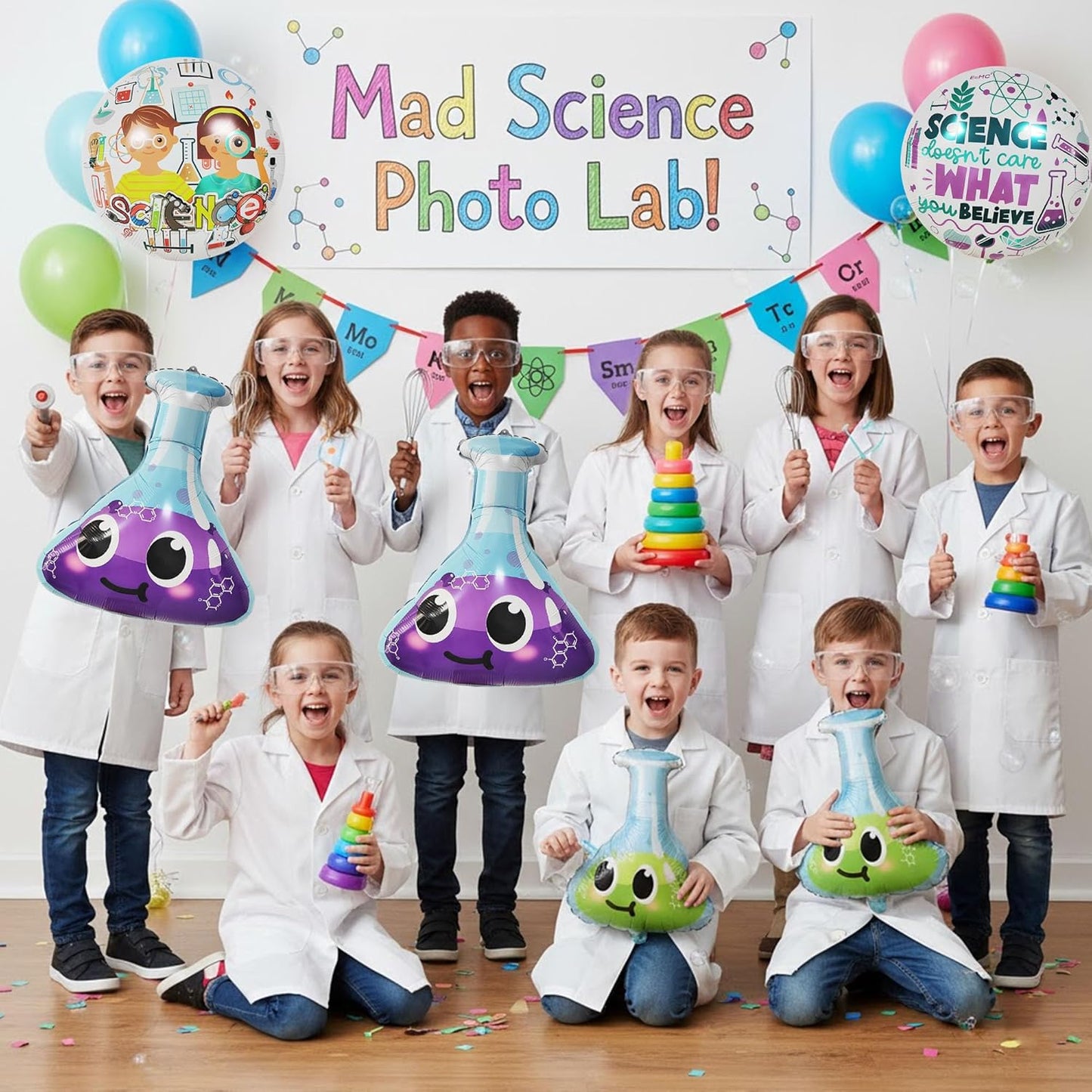 Science Party Decorations for Kids | 4 Pack STEM Foil Balloons with Lab Beaker and Science Icons | Educational Birthday Party Supplies for Classroom and Mad Scientist Theme