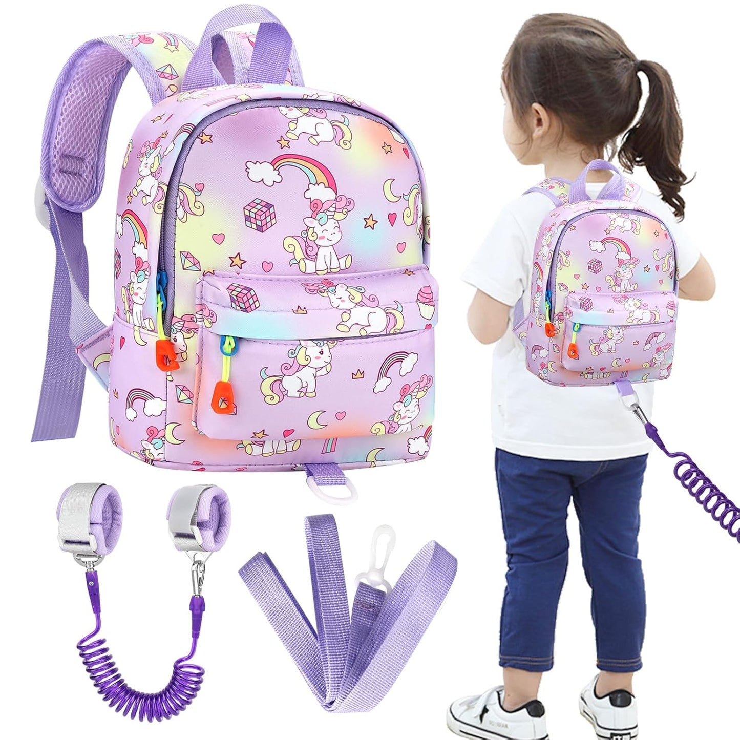 Accmor Toddler Backpack Leash with Anti Lost Wrist Link, Cute Mini Child Walking Harnesses Keep Kids Close Back Pack Rope Tether Rein for Baby Boys (Pink/Unicorn)