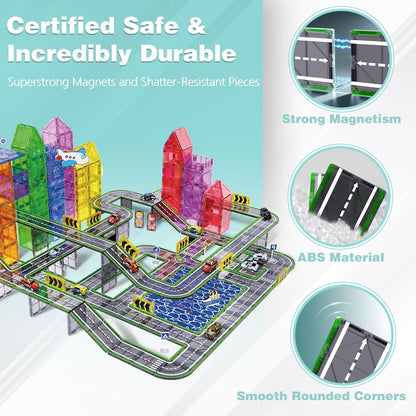 150PCS Magnetic Tiles Road Set with Marble Run, Preschool Magnet Tiles Included Magnetic Cars. STEM Magnetic Tiles for Kids, Preschool Educational Building Toys for Boys & Girls