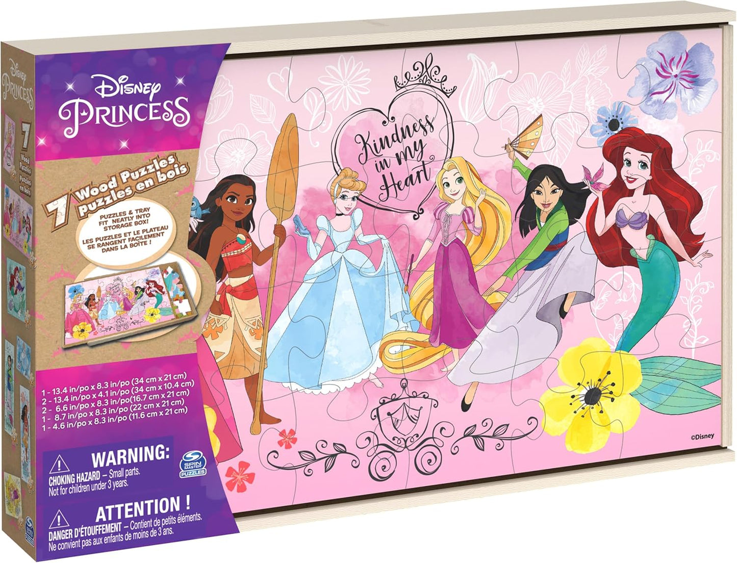 Spin Master Games, Disney Princess Puzzles, 7-Pack, Jigsaw Kids Puzzles, 12, 16, & 24 Pieces, Featuring Ariel, Tiana, Rapunzel, Pocahontas, Storage Tray, for Ages 4 & Up