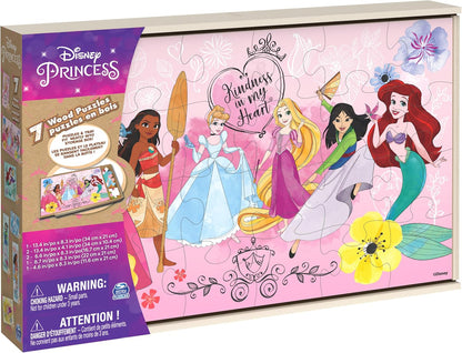 Spin Master Games, Disney Princess Puzzles, 7-Pack, Jigsaw Kids Puzzles, 12, 16, & 24 Pieces, Featuring Ariel, Tiana, Rapunzel, Pocahontas, Storage Tray, for Ages 4 & Up