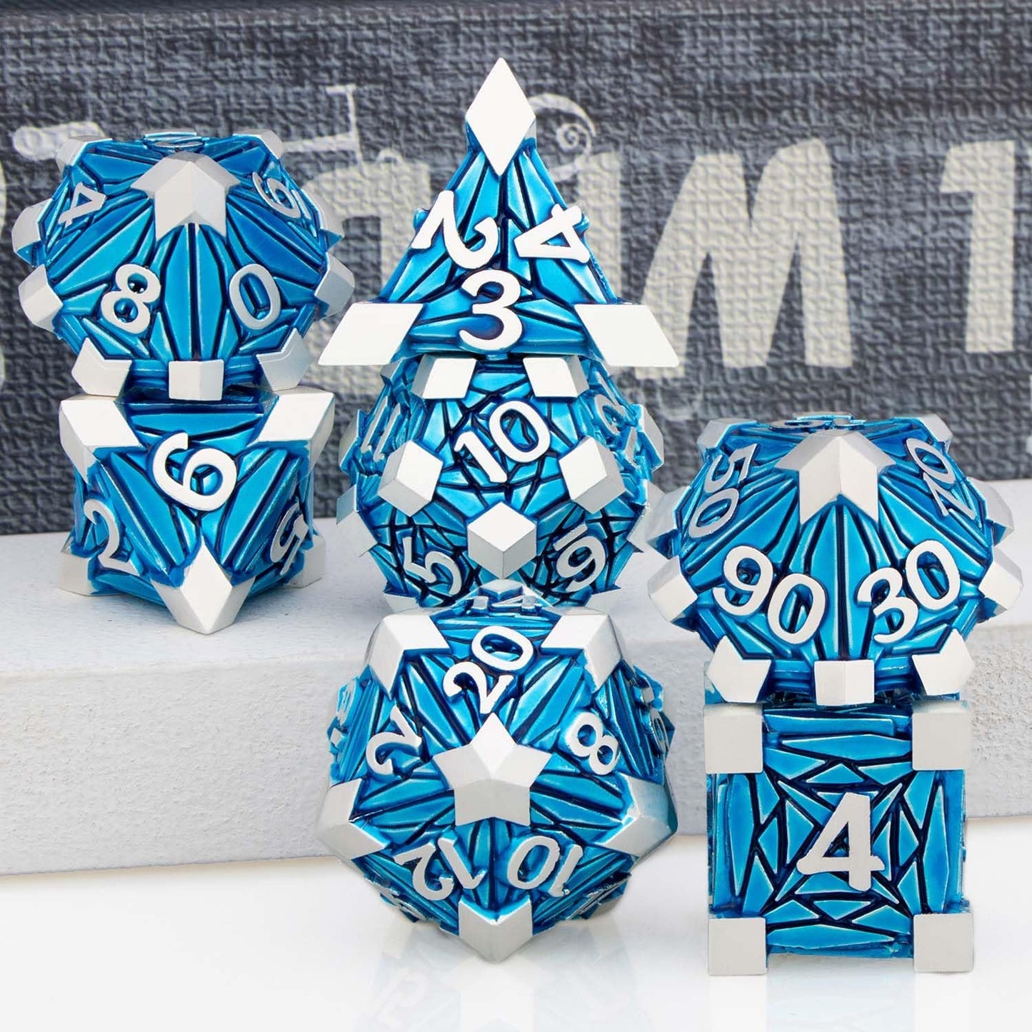 7PCS Metal DND Dice Set with Box, Debris RPG Blue White D and D Dice for D&D Tabletop Games Role Playing Game Polyhedral Dice Set D20 D12 D10 D8 D6 D4