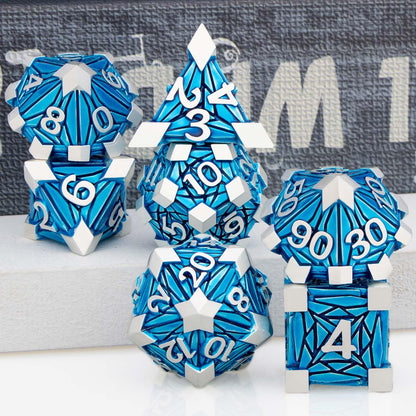 7PCS Metal DND Dice Set with Box, Debris RPG Blue White D and D Dice for D&D Tabletop Games Role Playing Game Polyhedral Dice Set D20 D12 D10 D8 D6 D4